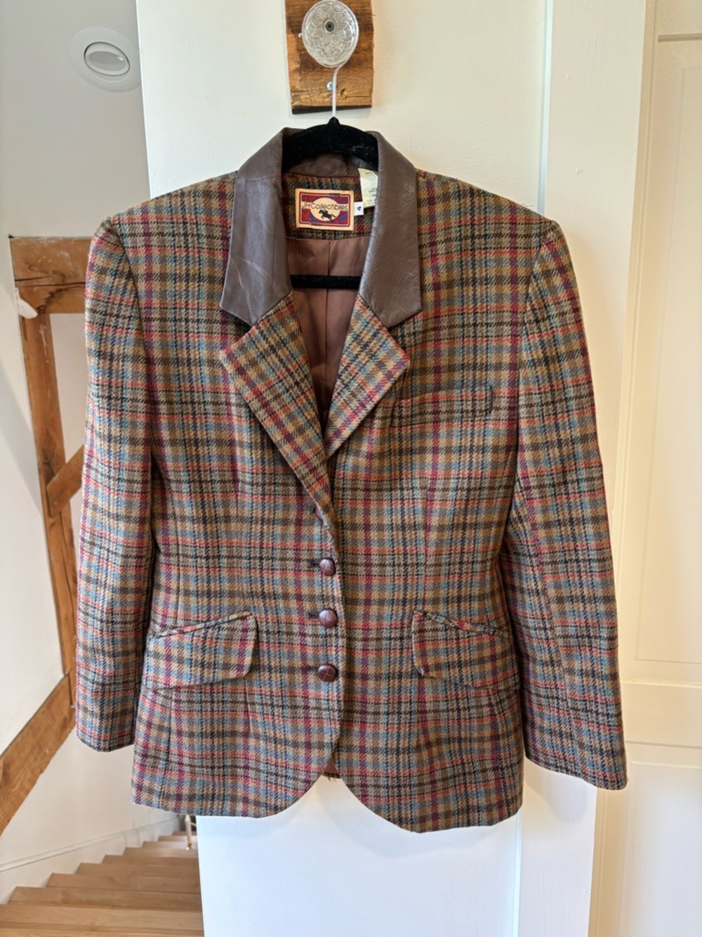 Women’s JH Collectibles Brown Multi Plaid Wool Blazer with Leather Collar, sz 4